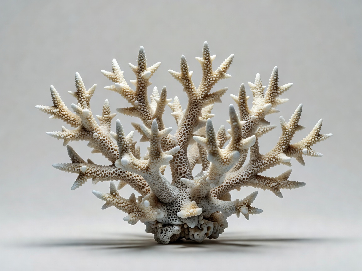Soft-lit conceptual render of branching coral skeleton with a detailed porous surface