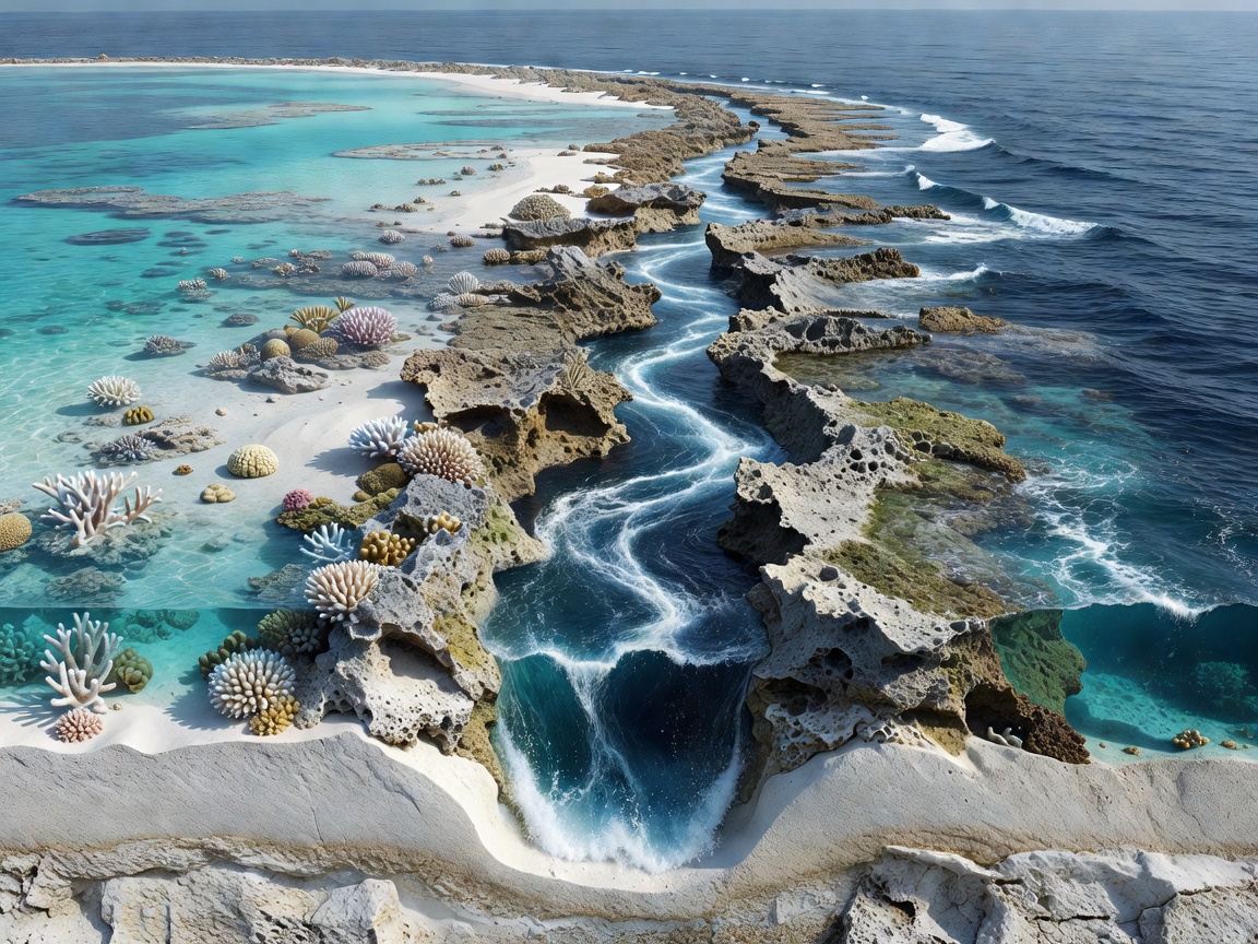 Conceptual cutaway model of a lagoon basin connected to open water through a reef pass
