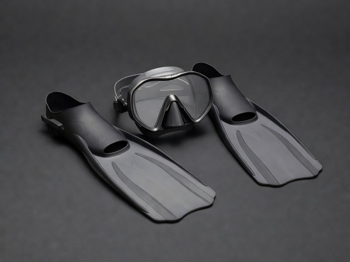 Conceptual studio render of a snorkelling mask and fins arranged on a plain charcoal surface