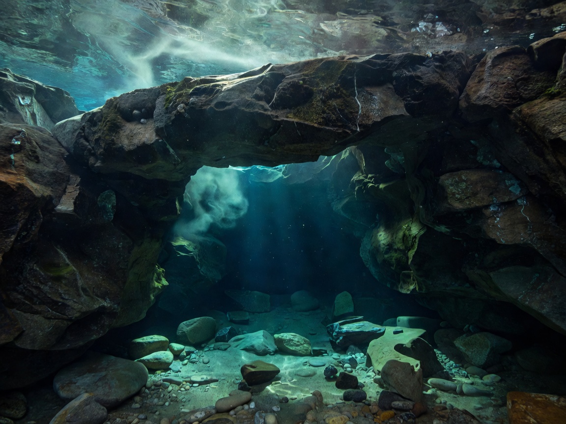 Conceptual cutaway of a submerged cave entrance showing the overhead rock barrier